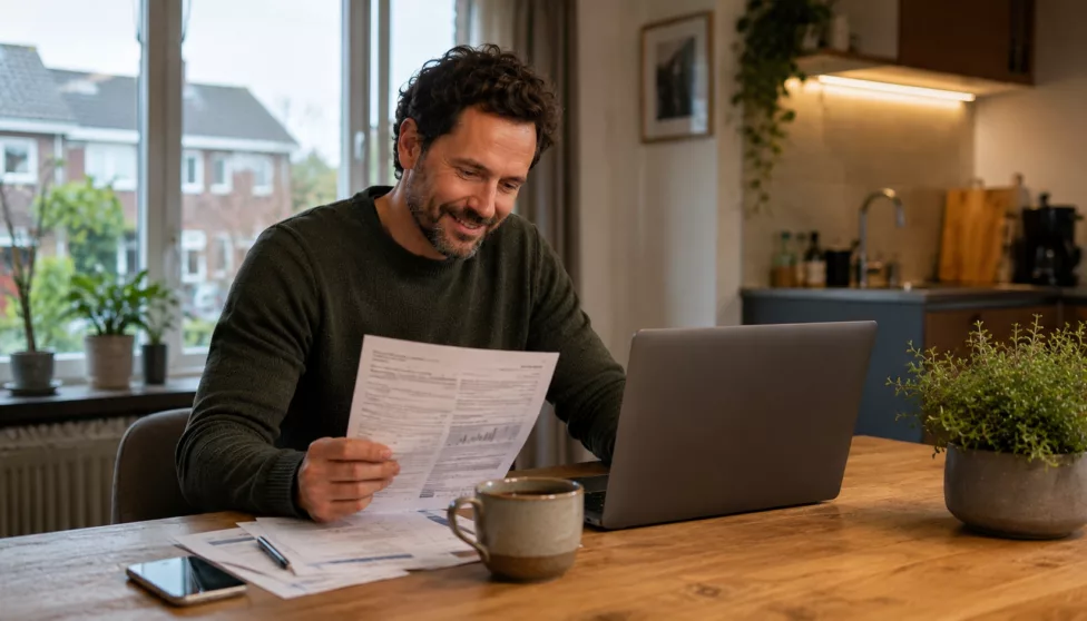 Afbeelding van tevreden man achter laptop die net een goedkoper energiecontract afgesloten heeft.