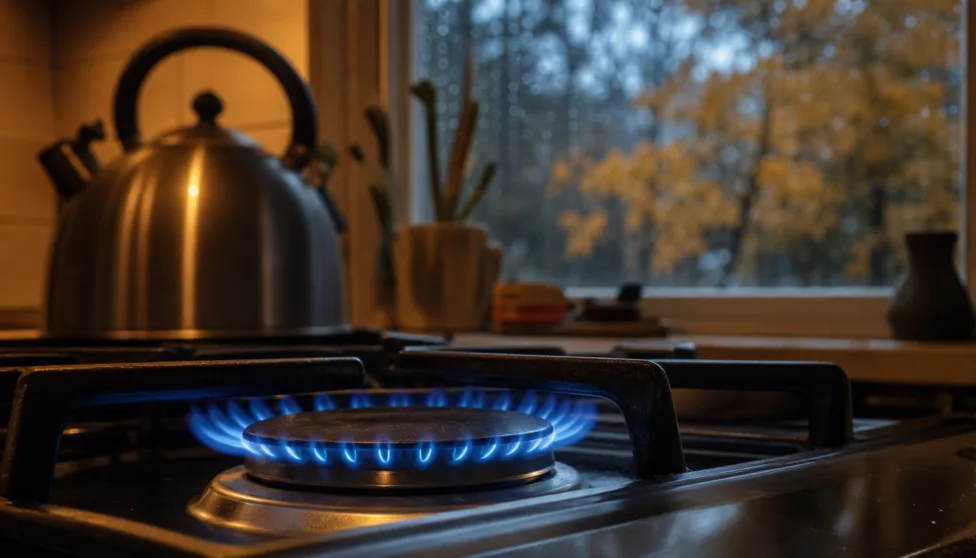 Blauwe gasvlam op een kookplaat in een Nederlandse keuken op een herfstavond