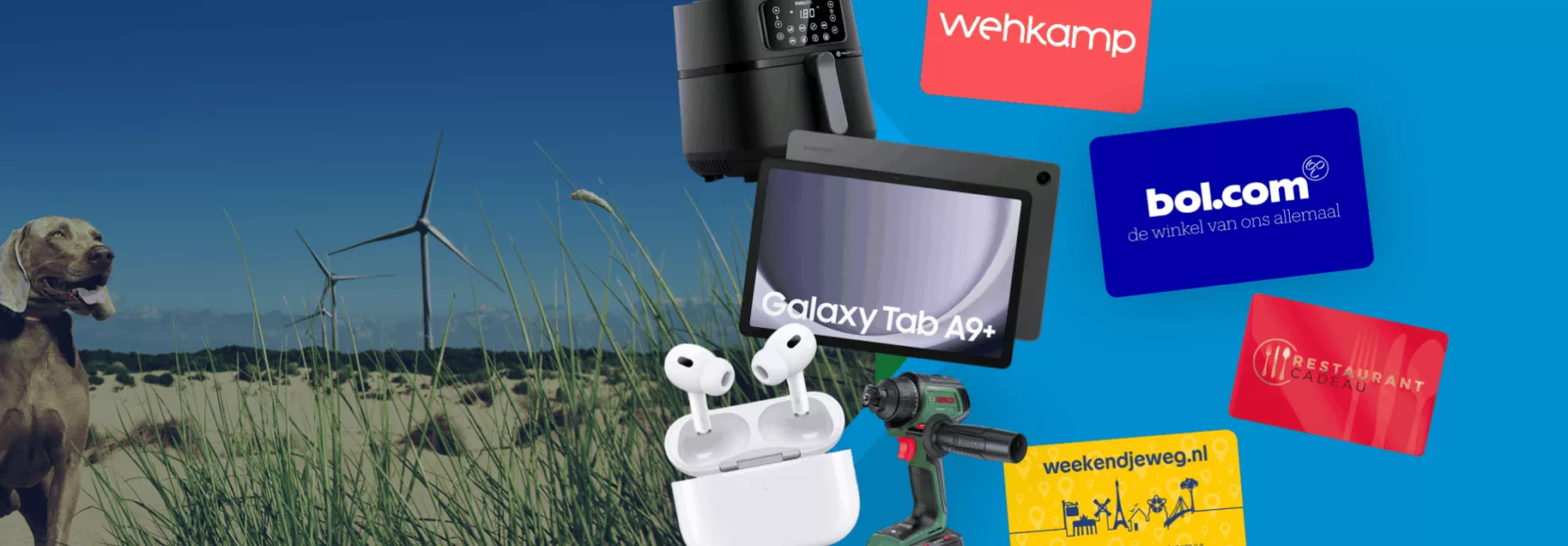 Verschillende cadeau zoals AirPods Pro , accuboor , airfryer en cadeaubonnen